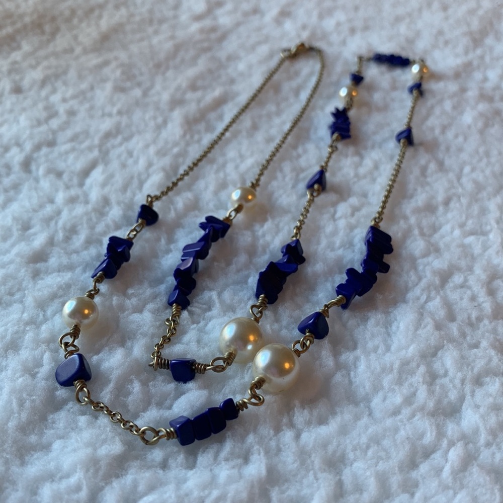 J.Crew Abstract Pearl/Royal Blue Stone Necklace